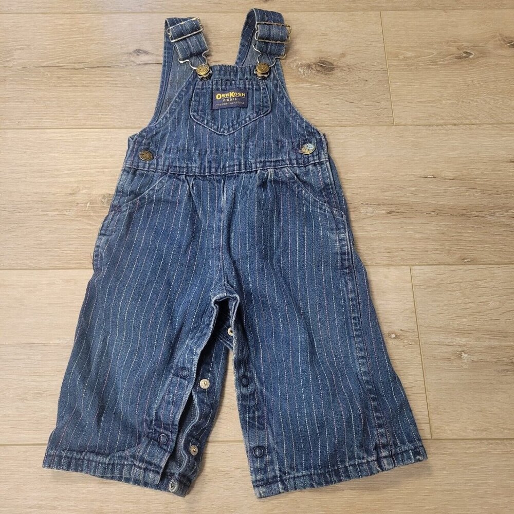 Vtg Vestbak OshKosh Girl Toddler Sz 12M Denim Multi Color Stripe Overalls